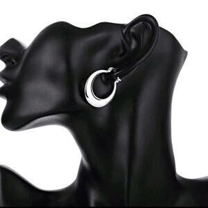 925 Silver Plated Crescent Hoop Earrings 1 in Flat Polished Design Valentines